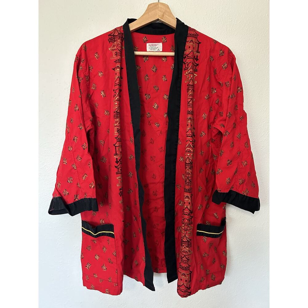 Vtg 60s Weldon Kabuki ROBE Sleepwear Lounge Kimono Red Jacket Size M No‎ Belt